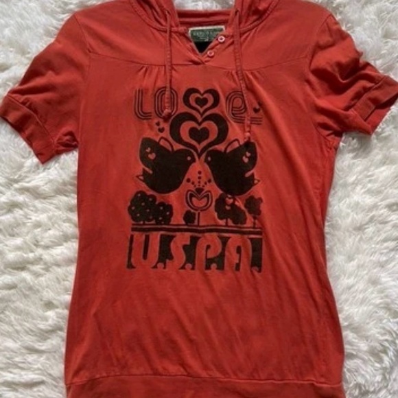 US Polo‎ Women's Hooded T-Shirt Size L Rust Colored 100% Cotton Birds Hearts - Picture 5 of 8